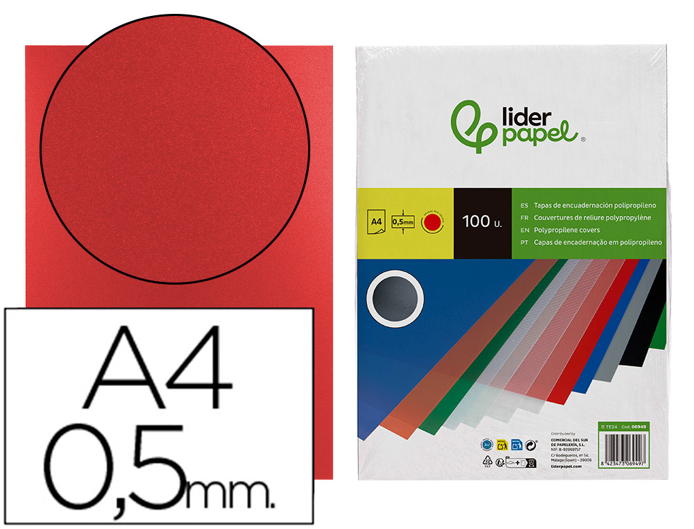 TAPA ENCUADERNACION LIDERPAPEL POLIPROPILENO A4 0.5MM ROJO OPACO PAQUETE DE 100 UNIDADES