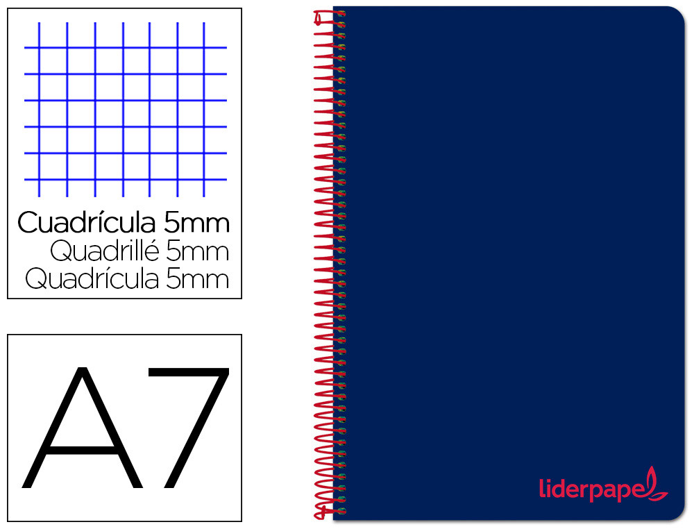 CUADERNO ESPIRAL LIDERPAPEL A7 MICRO WONDER TAPA PLASTICO 100H 90GR CUADRO 5MM 4 BANDAS COLOR AZUL MARINO