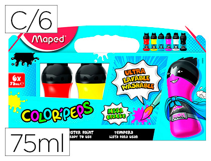 TEMPERA MAPED COLOR PEPS ULTRA LAVABLE CAJA DE 6 COLORES SURTIDOS PRIMARIOS 75 ML