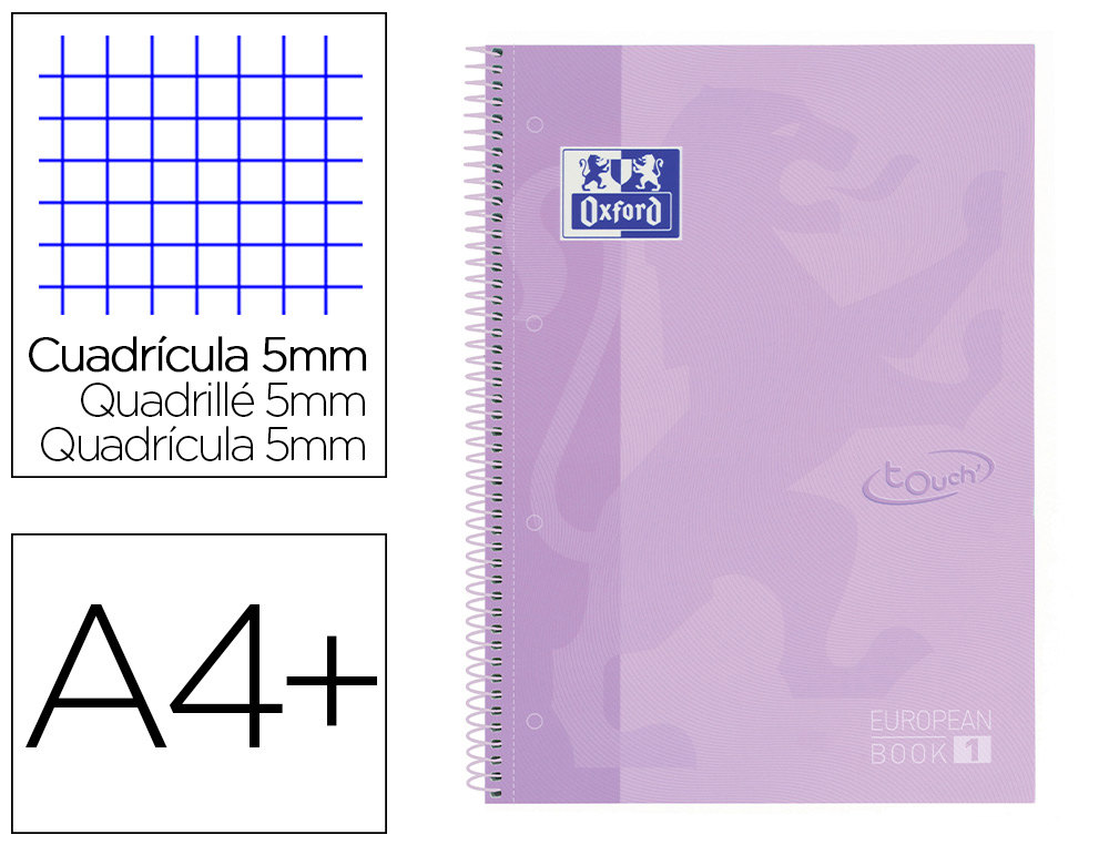 CUADERNO ESPIRAL OXFORD EBOOK 1 SCHOOL TOUCH TE DIN A4+ 80 HOJAS CUADRO 5 MM CON MARGEN MALVA PASTEL