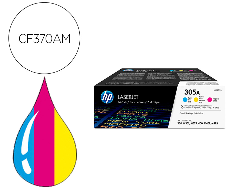 TONER HP 305A LASERJET PRO 300 / M351 / 400 / M451 / MFP M375 / MFP M475 PACK COLOR AMARILLO CIAN MAGENTA 2600