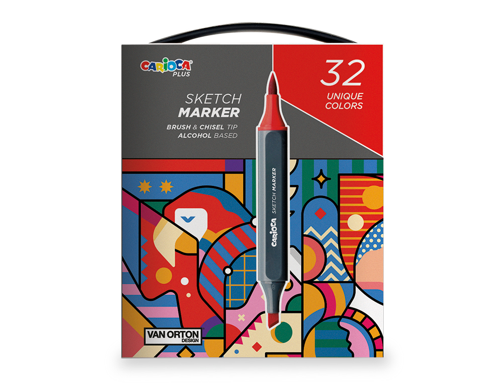 ROTULADOR CARIOCA PLUS SKETCH MARKER DOBLE PUNTA PINCEL Y BISELADA CAJA PREMIUM 32 UNIDADES COLORES SURTIDOS
