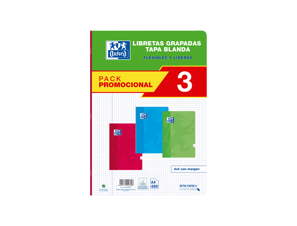 LIBRETA ESCOLAR OXFORD TAPA BLANDA DIN A4 48 HOJAS CUADRO 4 MM PACK DE 3 UNIDADES COLORES SURTIDOS