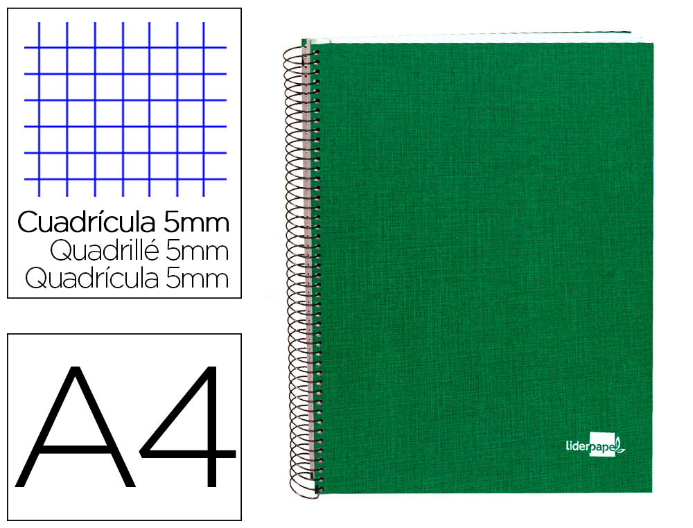 CUADERNO ESPIRAL LIDERPAPEL A4 MICRO PAPERCOAT TAPA FORRADA 140H 75GR CUADRO5MM 5 BANDA S 4 TALADROS VERDE