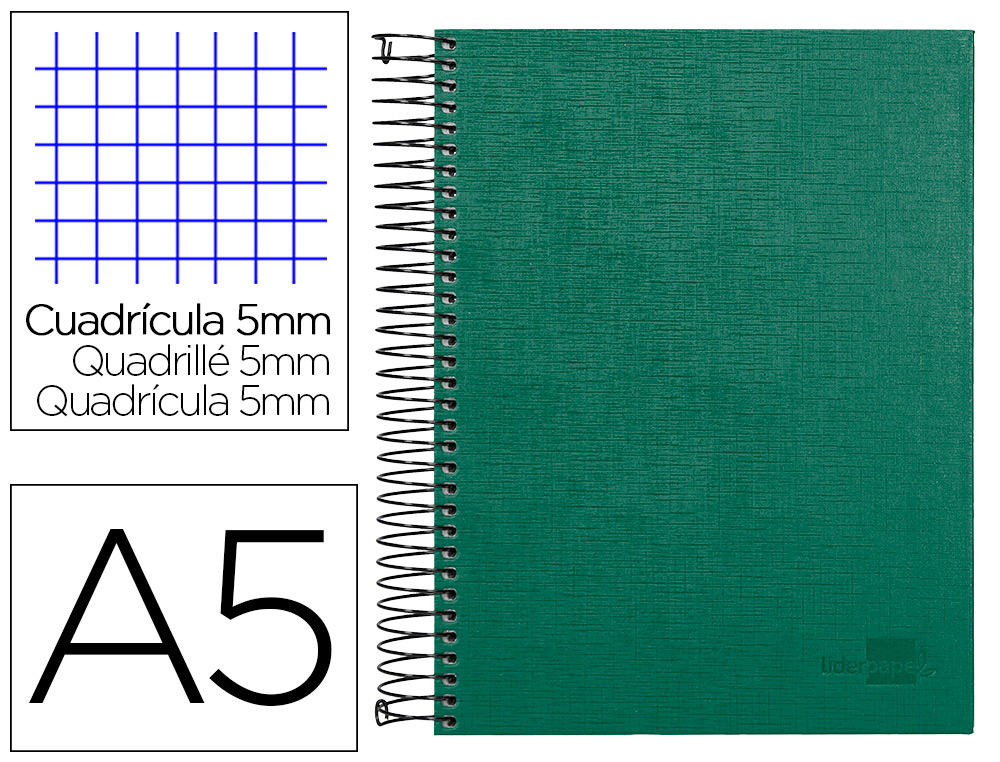 CUADERNO ESPIRAL LIDERPAPEL A5 MICRO PAPERCOAT TAPA FORRADA 140H 75GR CUADRO5MM 5 BANDA S 6 TALADROS VERDE