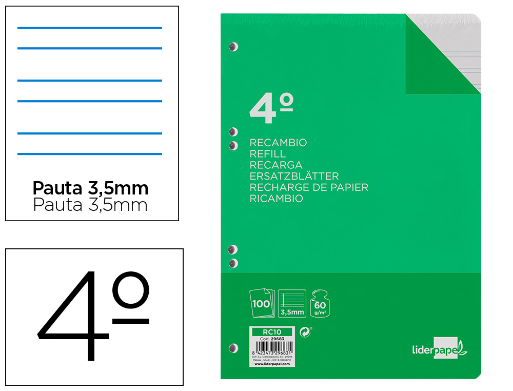 RECAMBIO LIDERPAPEL CUARTO 100 HOJAS 60GR PAUTA 4 3.5MM CON MARGEN 6 TALADROS