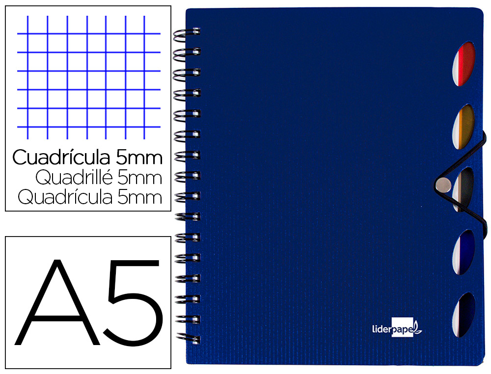 CUADERNO ESPIRAL LIDERPAPEL A5 MICRO EXECUTIVE TAPA PLASTICO 100H 80GR CUADRO 5MM 5 SE PARADORES CON GOMILLA AZUL