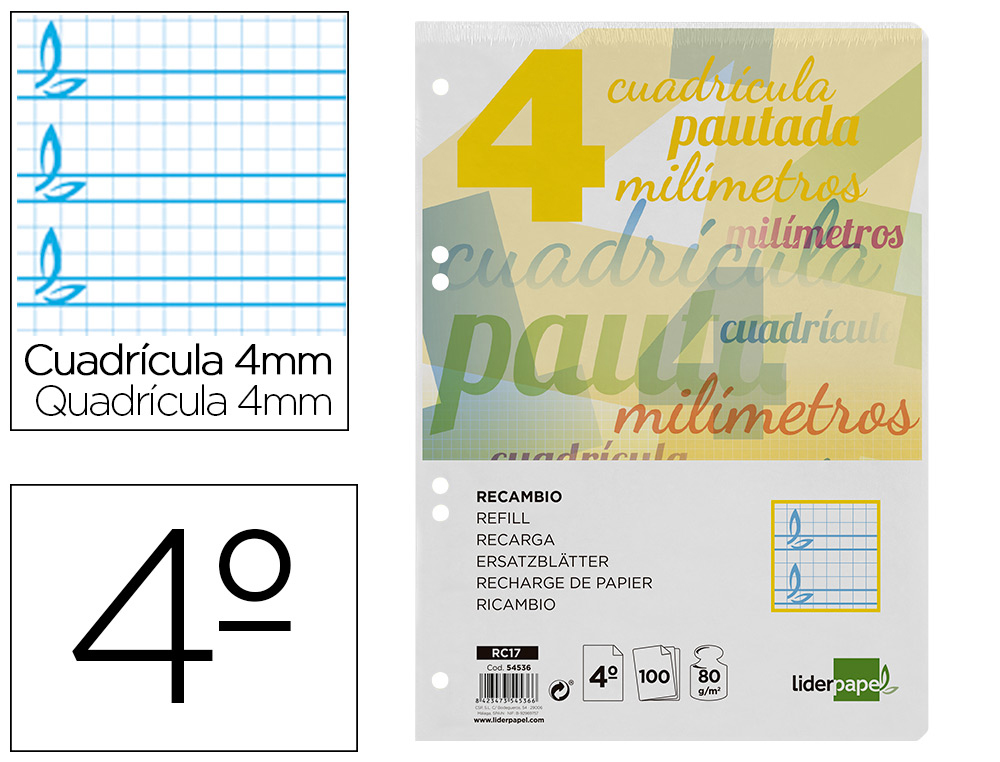 RECAMBIO LIDERPAPEL CUARTO PAUTAGUIA 100 HOJAS 75GR CUADRICULADO PAUTADO 4MM CON MARGEN 6 TALADROS