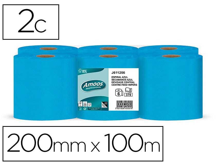 PAPEL SECAMANOS AMOOS 2 CAPAS PROFESSIONAL 192 MM X 125 MT COLOR AZUL PAQUETE DE 6 ROLLOS