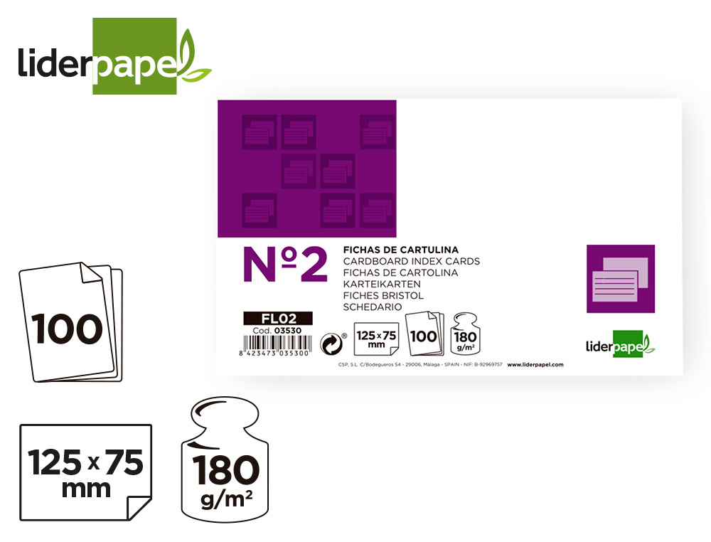 FICHA LIDERPAPEL LISA N2 75X125MM 180GR PAQUETE DE 100 UNIDADES