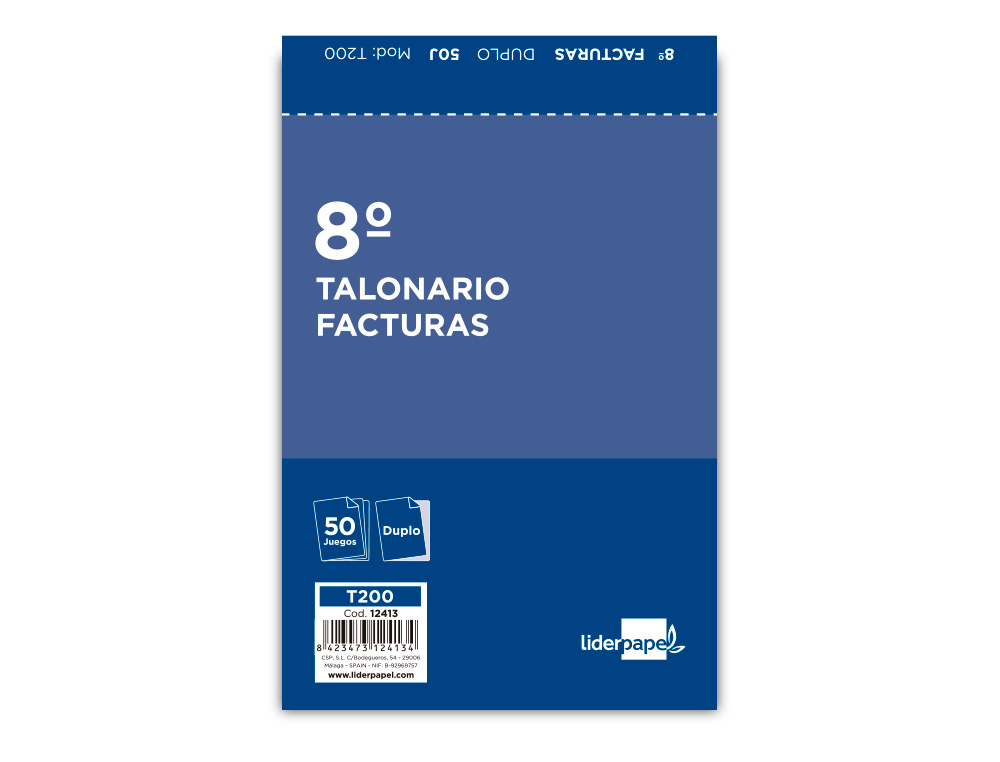 TALONARIO LIDERPAPEL FACTURAS 8 ORIGINAL Y COPIA T200 CON I.V.A