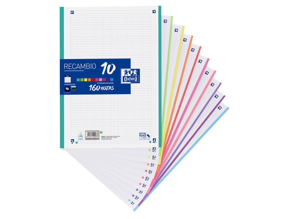 RECAMBIO COLOR OXFORD A4 160 HOJAS OPTIK PAPER+ CUADRO 5 MM 4 TALADROS BANDA 10 COLORES