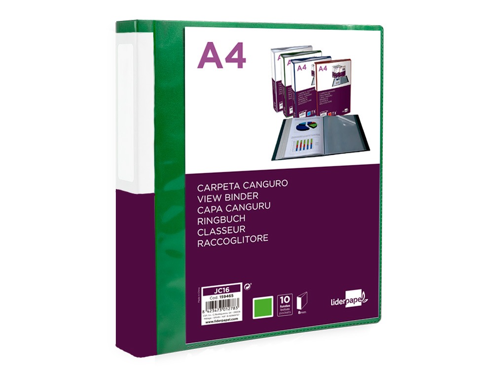 CARPETA LIDERPAPEL 10 FUNDAS CANGURO PP DIN A4 VERDE TRANSLUCIDO PORTADA Y LOMO PERSONALIZABLE