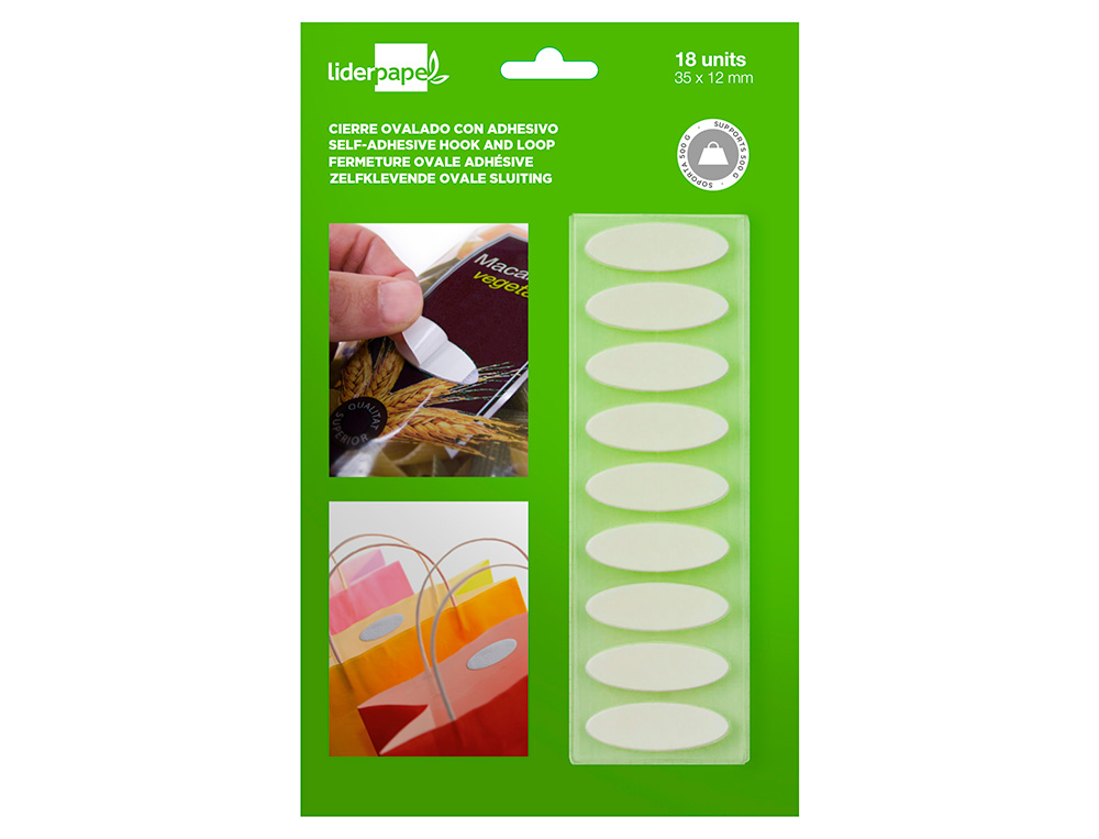 VELCRO AUTOADHESIVO OVALADO LIDERPAPEL BLANCO 35X12 MM BLISTER DE 18 UNIDADES
