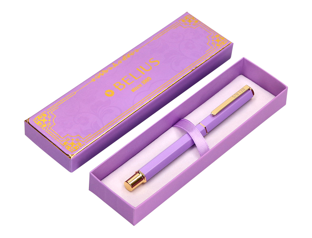 BOLIGRAFO BELIUS MACARON BLISS FORMA HEXAGONAL COLOR MORADO Y DORADO TINTA AZUL CAJA DE DISEO