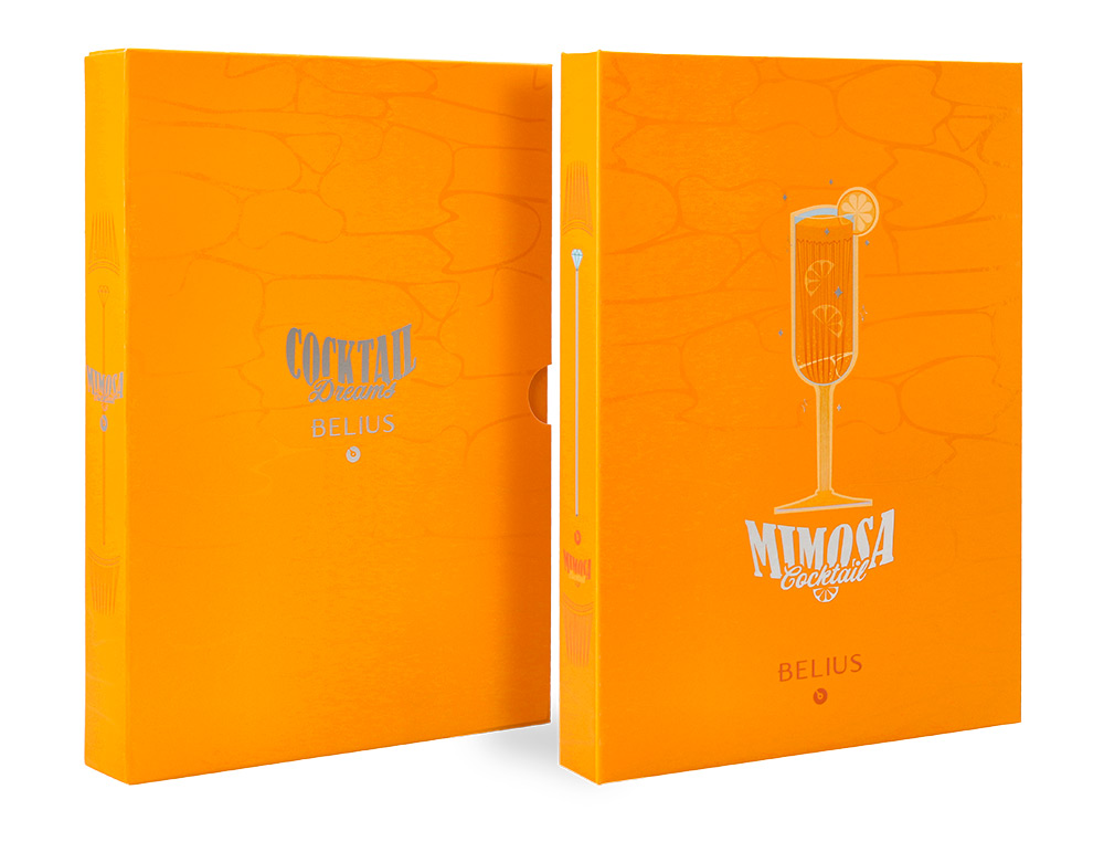 BOLIGRAFO Y WALLET BELIUS COCKTAILS MIMOSA ALUMINIO NARANJA PLATEADO RELIEVE TINTACOLOR AZUL CAJA DE DISEÑO