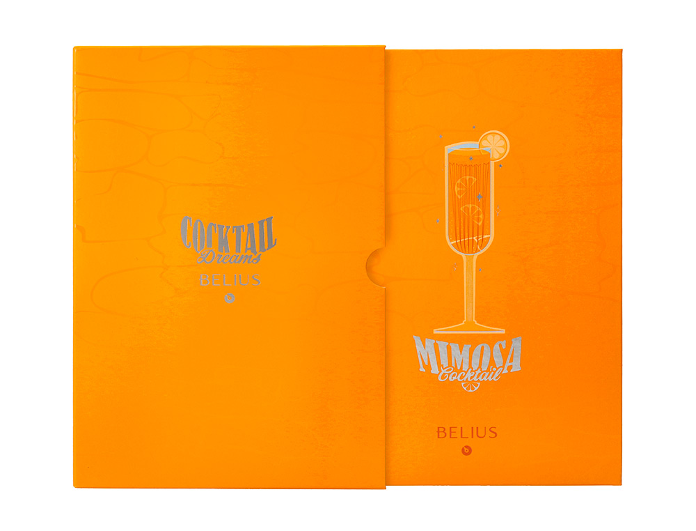 BOLIGRAFO Y WALLET BELIUS COCKTAILS MIMOSA ALUMINIO NARANJA PLATEADO RELIEVE TINTACOLOR AZUL CAJA DE DISEÑO