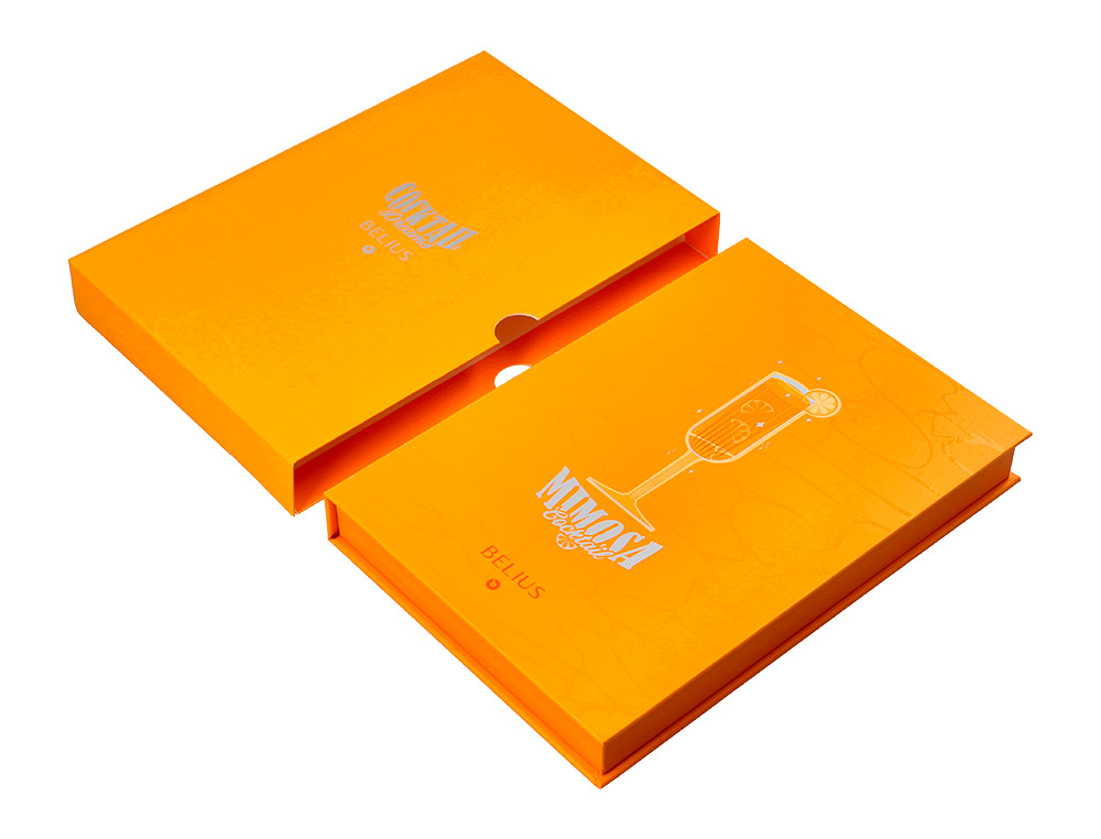 BOLIGRAFO Y WALLET BELIUS COCKTAILS MIMOSA ALUMINIO NARANJA PLATEADO RELIEVE TINTACOLOR AZUL CAJA DE DISEÑO