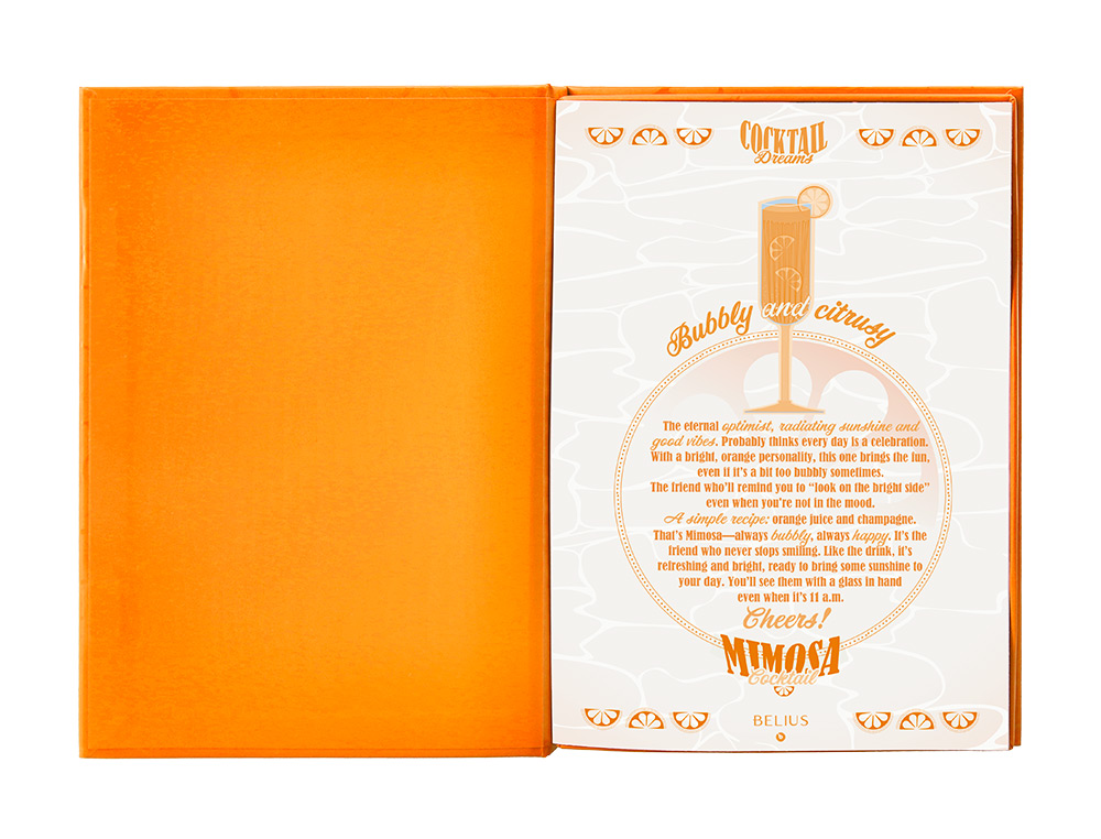BOLIGRAFO Y WALLET BELIUS COCKTAILS MIMOSA ALUMINIO NARANJA PLATEADO RELIEVE TINTACOLOR AZUL CAJA DE DISEÑO