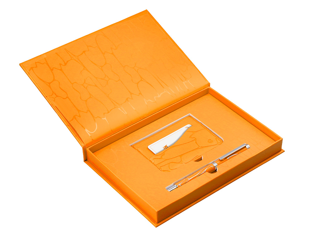 BOLIGRAFO Y WALLET BELIUS COCKTAILS MIMOSA ALUMINIO NARANJA PLATEADO RELIEVE TINTACOLOR AZUL CAJA DE DISEÑO