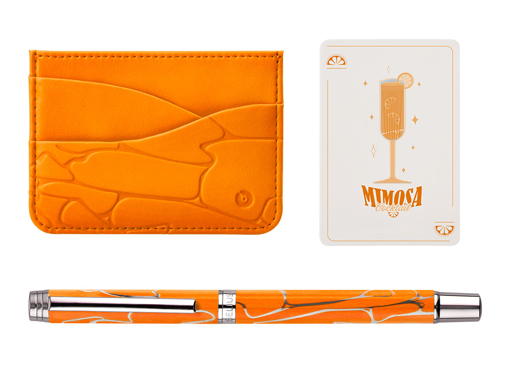 BOLIGRAFO Y WALLET BELIUS COCKTAILS MIMOSA ALUMINIO NARANJA PLATEADO RELIEVE TINTACOLOR AZUL CAJA DE DISEÑO