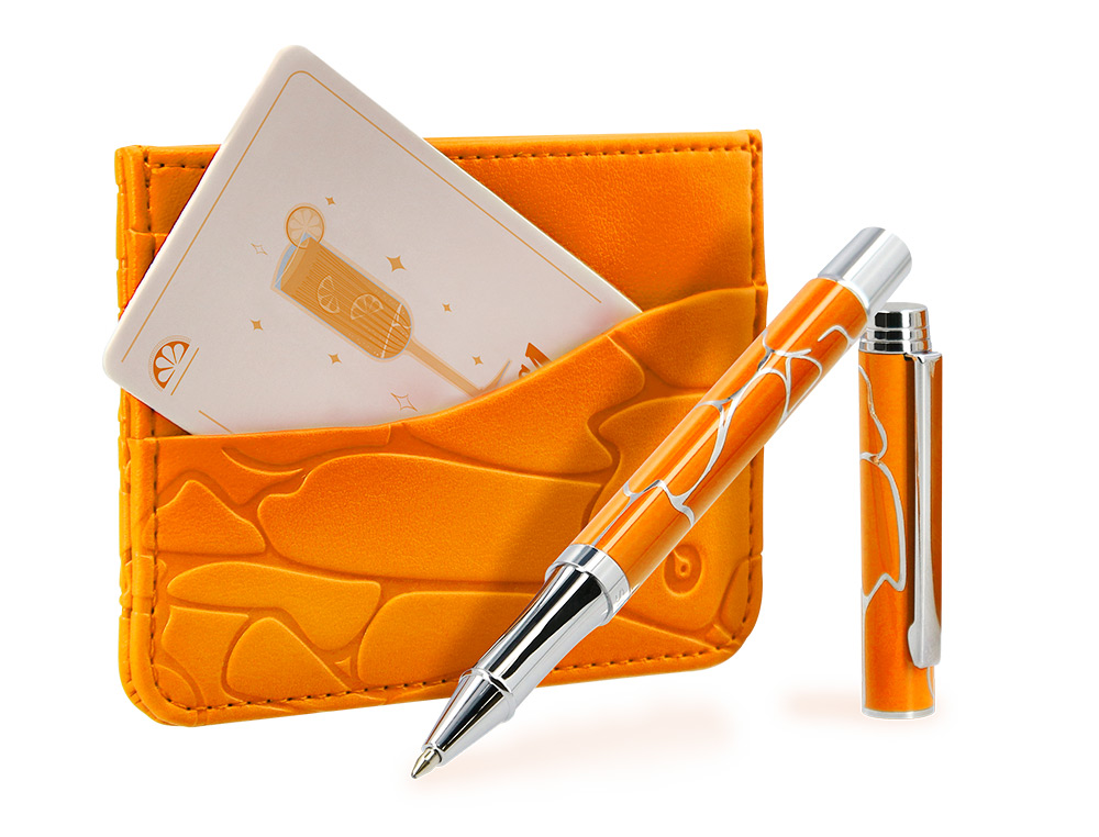 BOLIGRAFO Y WALLET BELIUS COCKTAILS MIMOSA ALUMINIO NARANJA PLATEADO RELIEVE TINTACOLOR AZUL CAJA DE DISEÑO