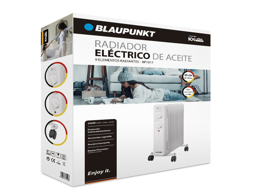 RADIADOR DE ACEITE BLAUPUNKT 2000W 9 ELEMENTOS CALORIFICOS PROTECCION SOBRECALENTAMIENTO CON RUEDAS COLOR BLANCO