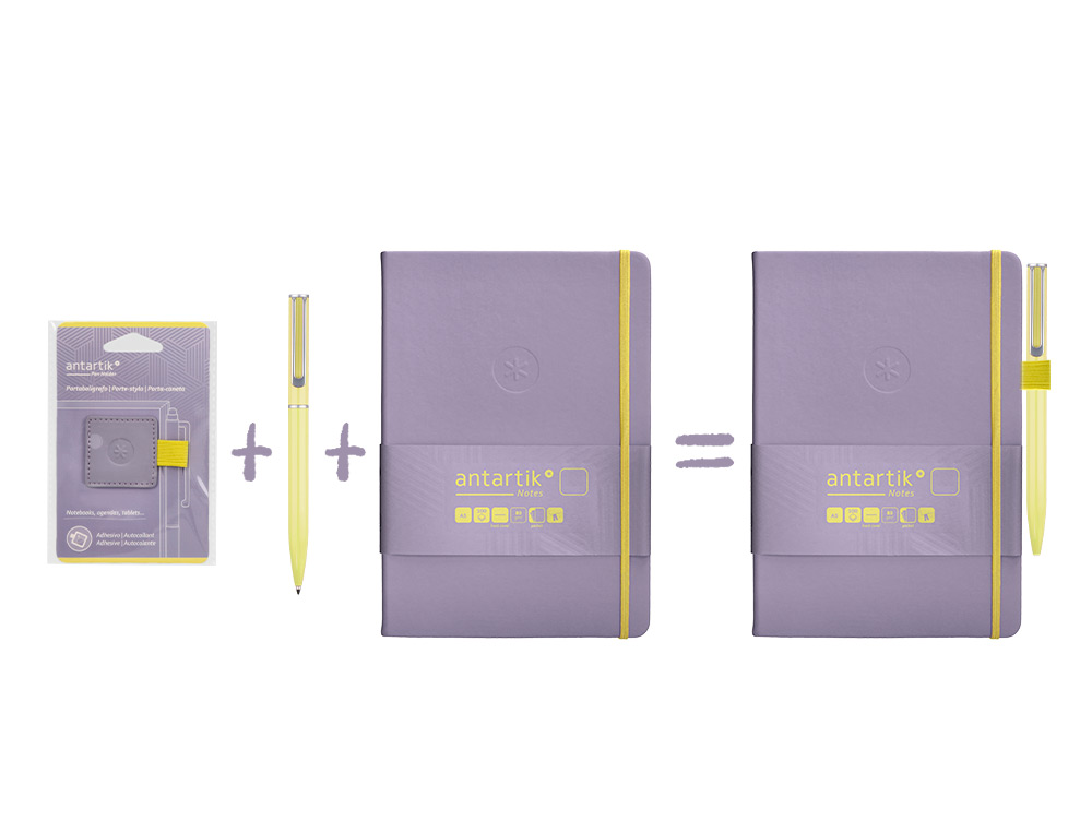 PORTABOLIGRAFO AUTOADHESIVO ANTARTIK PARA CUADERNO NOTE CON ELASTICO HASTA 15 MM GROSOR 1MM MORADO Y AMARILLO