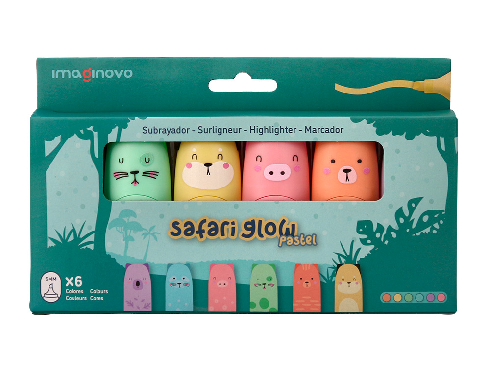 ROTULADOR IMAGINOVO FLUORESCENTE SAFARI GLOW PASTEL ANIMALES CAJA 6 UNIDADES SURTIDAS