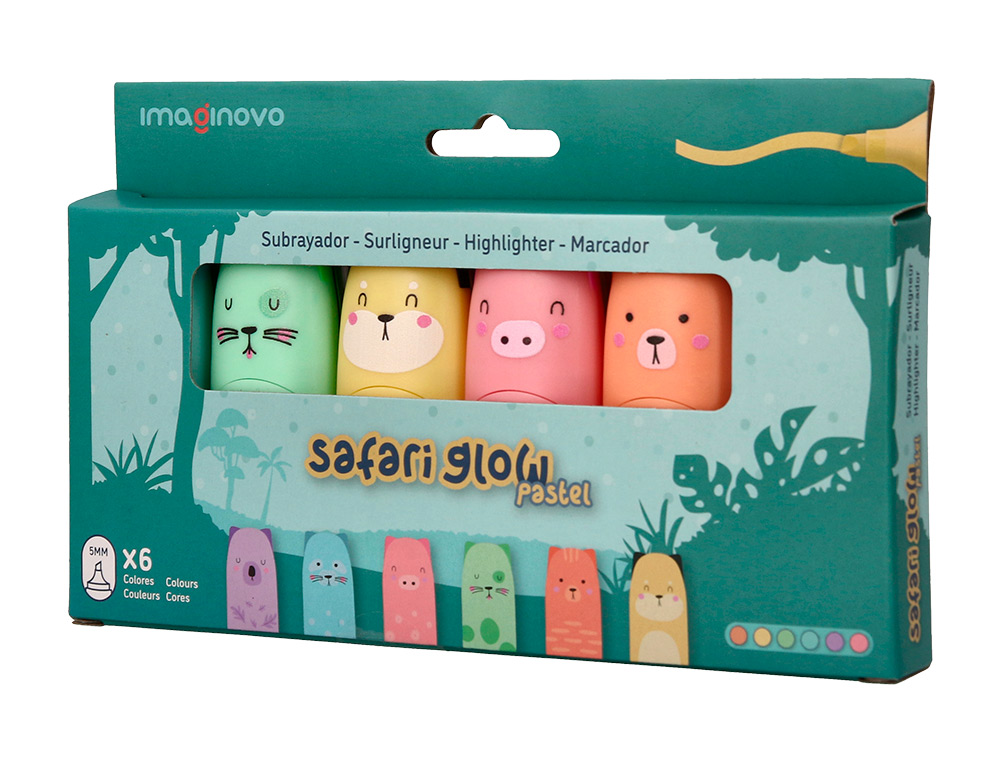 ROTULADOR IMAGINOVO FLUORESCENTE SAFARI GLOW PASTEL ANIMALES CAJA 6 UNIDADES SURTIDAS