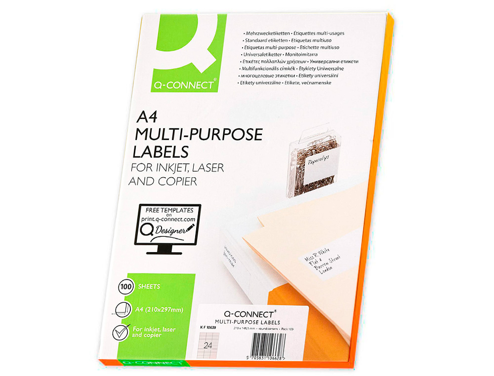ETIQUETA ADHESIVA Q-CONNECT KF10639 TAMAO 66X33,9 MM FOTOCOPIADORA LASER INK-JET CAJA CON 100 HOJAS DIN A4