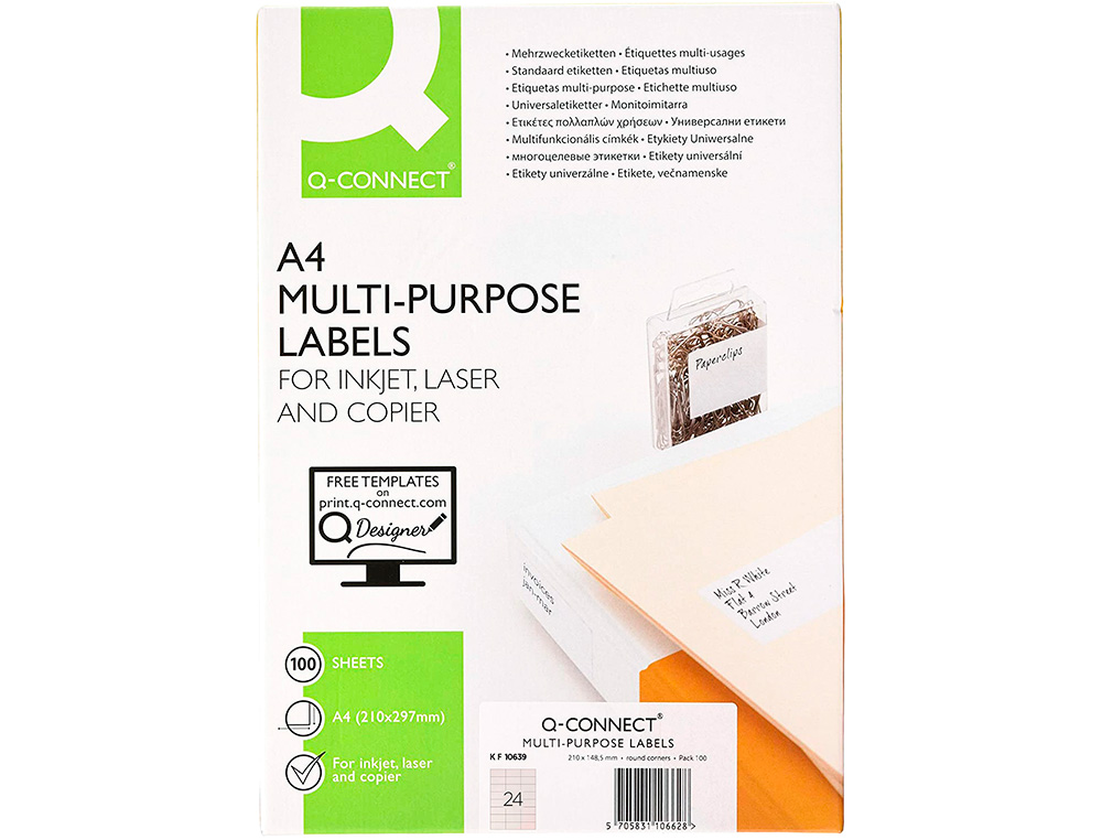ETIQUETA ADHESIVA Q-CONNECT KF10639 TAMAO 66X33,9 MM FOTOCOPIADORA LASER INK-JET CAJA CON 100 HOJAS DIN A4