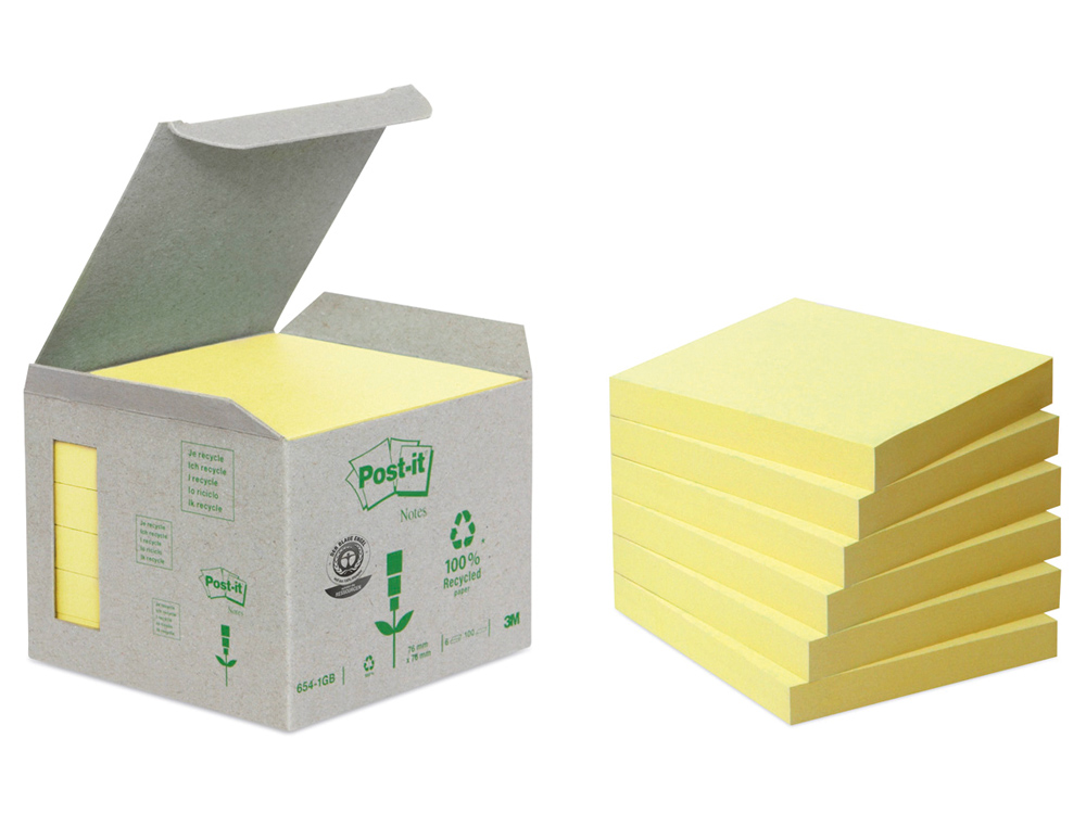BLOC DE NOTAS ADHESIVAS QUITA Y PON RECICLADA EN TORRE POST-IT 76 X 76 MM 16 BLOCS 654 RECICLADO
