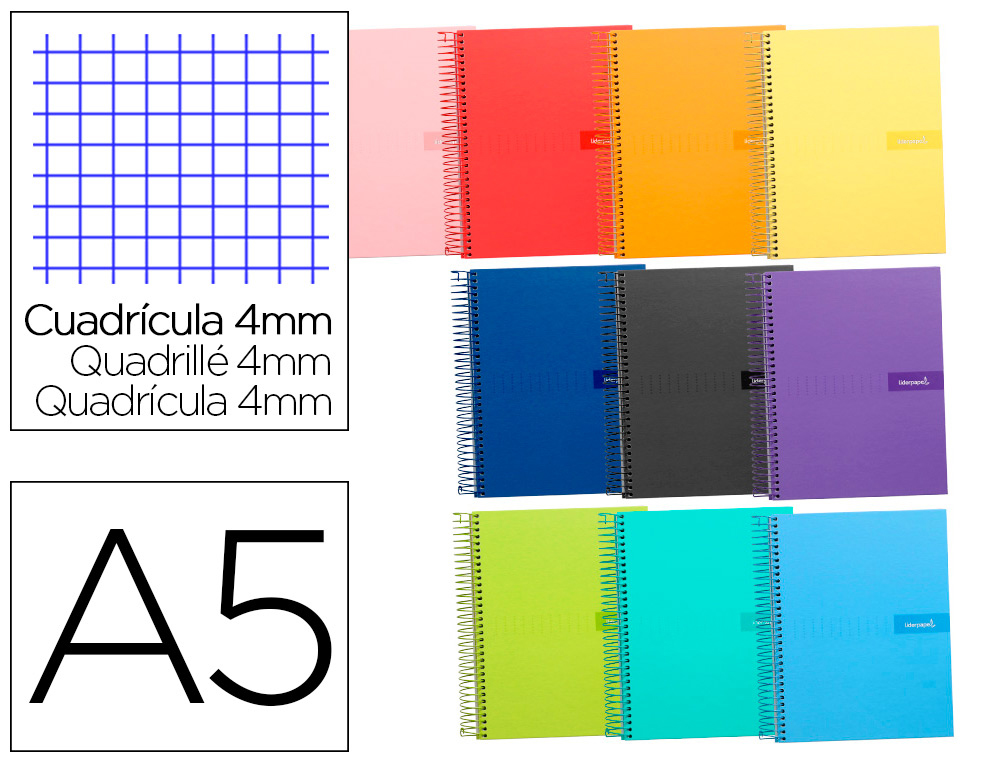 CUADERNO ESPIRAL LIDERPAPEL A5 CRAFTY TAPA FORRADA 80H 90GR CUADRO 4MM CON MARGEN COLORES SURTIDOS