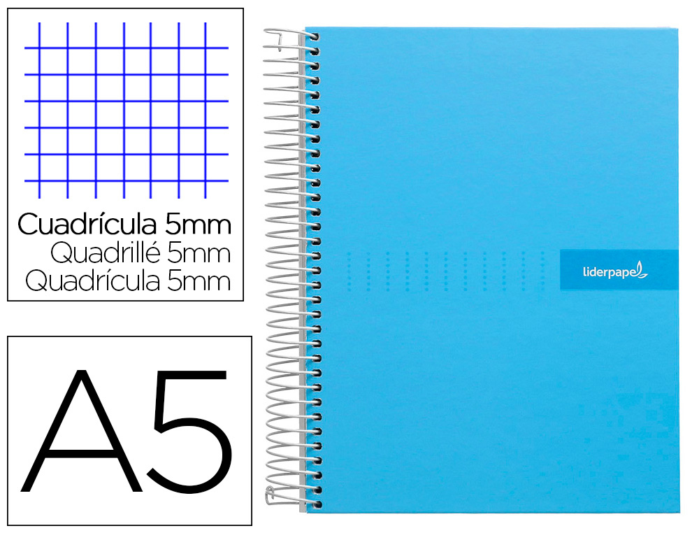 CUADERNO ESPIRAL LIDERPAPEL A5 MICRO CRAFTY TAPA FORRADA 120H 90GR CUADRO 5MM 5 BANDAS 6 TALADROS COLOR CELESTE