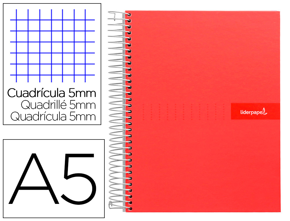 CUADERNO ESPIRAL LIDERPAPEL A5 MICRO CRAFTY TAPA FORRADA 120H 90GR CUADRO 5MM 5 BANDAS 6 TALADROS COLOR ROJO