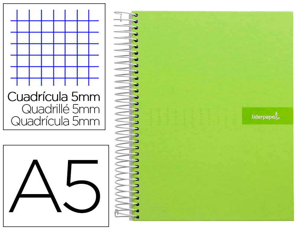 CUADERNO ESPIRAL LIDERPAPEL A5 MICRO CRAFTY TAPA FORRADA 120H 90GR CUADRO 5MM 5 BANDAS 6 TALADROS COLOR VERDE