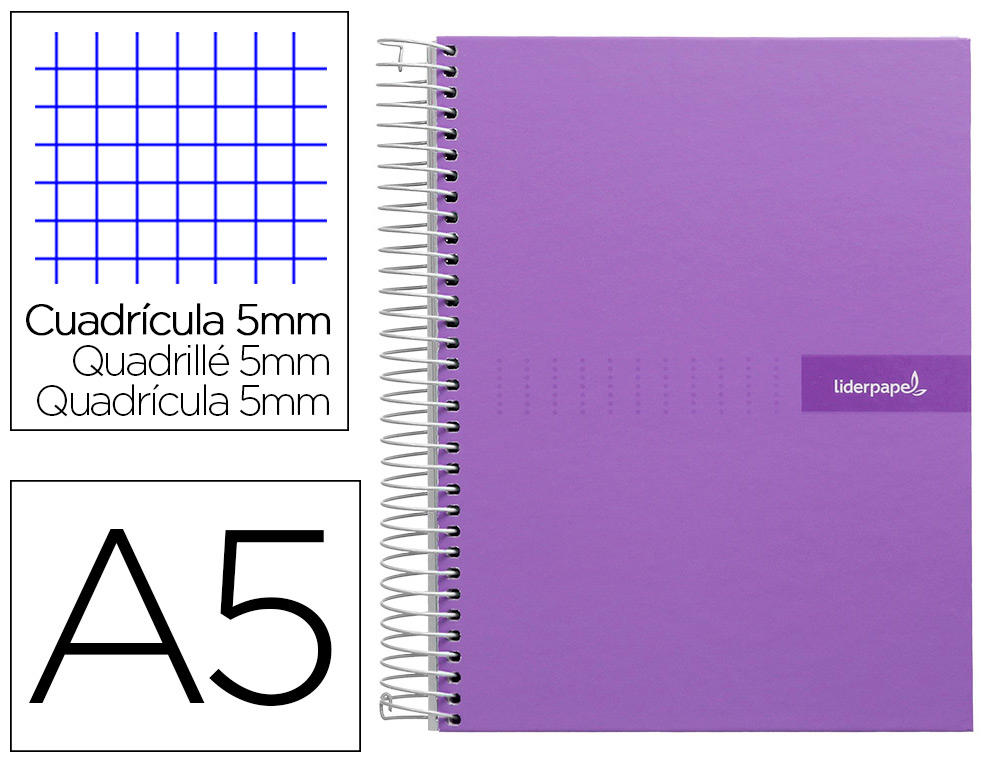 CUADERNO ESPIRAL LIDERPAPEL A5 MICRO CRAFTY TAPA FORRADA 120H 90GR CUADRO 5MM 5 BANDAS 6 TALADROS COLOR VIOLETA