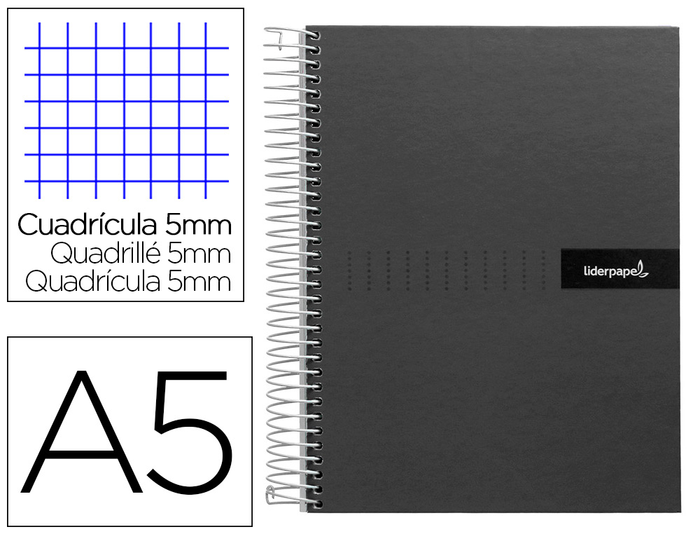 CUADERNO ESPIRAL LIDERPAPEL A5 MICRO CRAFTY TAPA FORRADA 120H 90GR CUADRO 5MM 5 BANDAS 6 TALADROS COLOR NEGRO