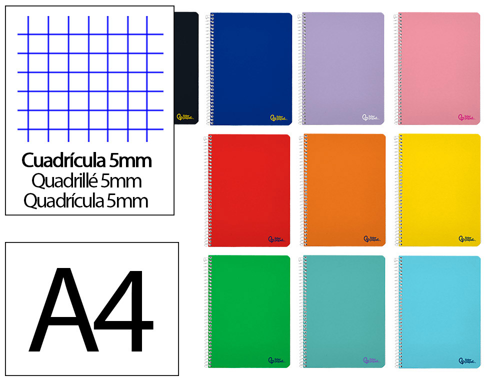 CUADERNO ESPIRAL LIDERPAPEL A4 SMART TAPA BLANDA 80H 75GR CUADRO 5 MM CON MARGEN COLORES SURTIDOS