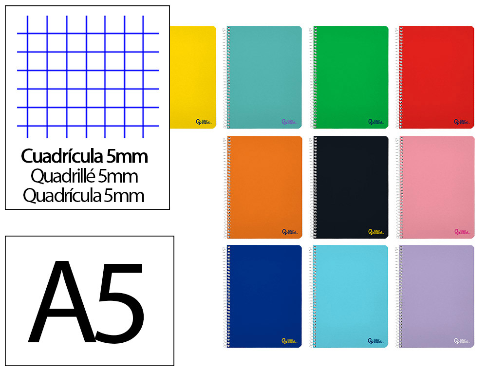 CUADERNO ESPIRAL LIDERPAPEL DIN A5 SMART TAPA BLANDA 80H 75GR CUADRO 5MM CON MARGEN COLORES SURTIDOS