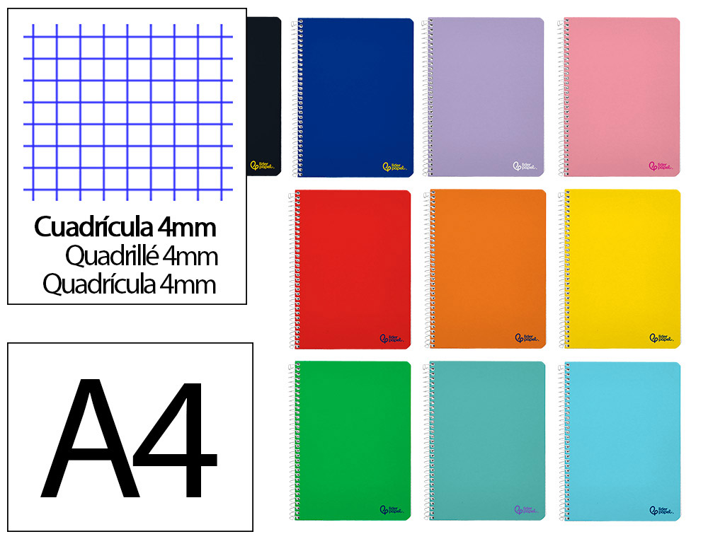 CUADERNO ESPIRAL LIDERPAPEL A4 MICRO SMART TAPA BLANDA 80H 75GR CUADRO 5MM DOBLE MARGEN 4 TALADROS COLORES