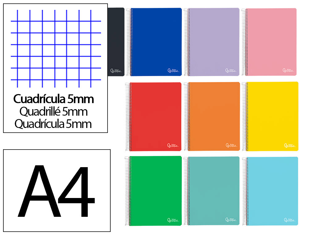CUADERNO ESPIRAL LIDERPAPEL A4 MICRO WITTY TAPA DURA 120H 90GR CUADRO 5MM 5 BANDAS 4 TALADROS COLORES SURTIDOS
